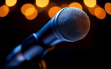 Obraz premium Stage Microphone: Close-up, Blue-lit, Bokeh Background