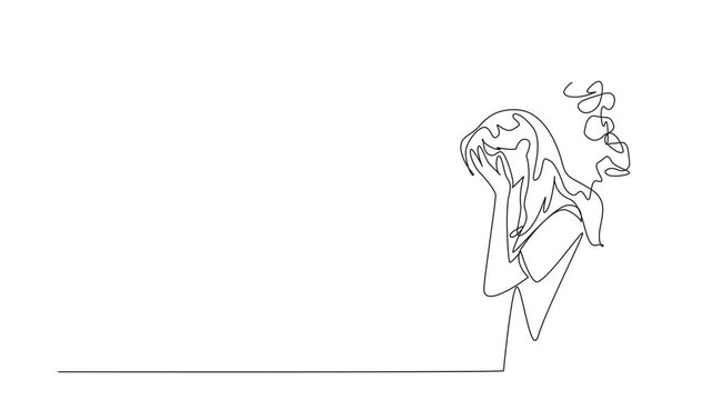 Animation of single continuous line drawing a woman cover face with both palms with around head tangled thread. Heartache. Prolonged stress. National Anxiety Screening Day. Full length motion