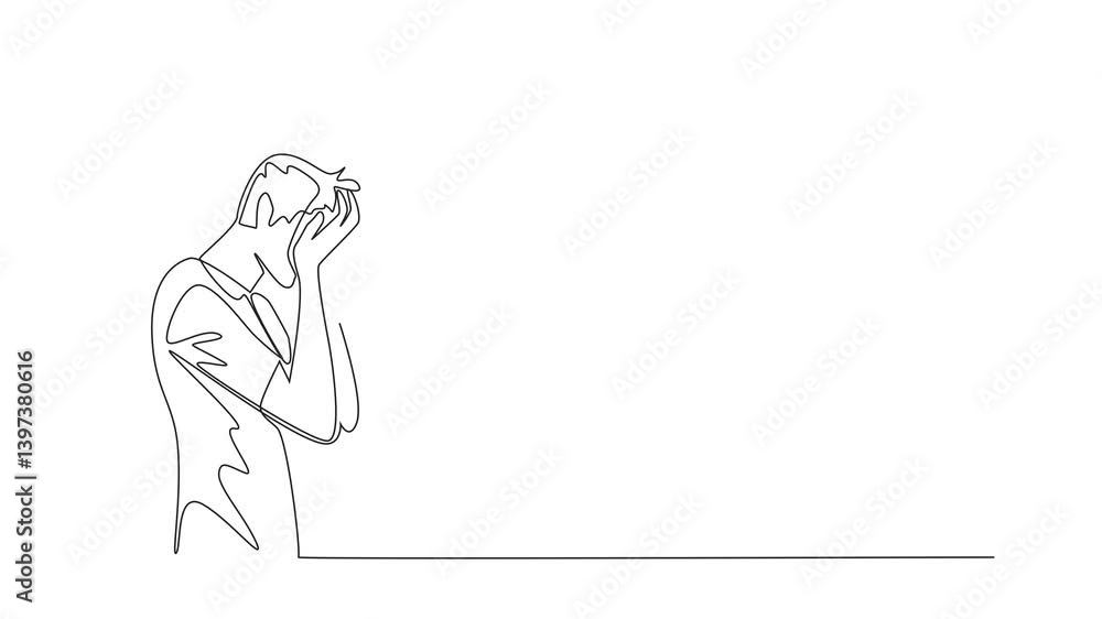 Poster self drawing animation of single one line drawing man cover face with palm with around head tangled 