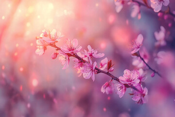 Obraz premium Spring Blooming Cherry Blossom Branch With Soft Pastel Background Generative AI, person admires spring