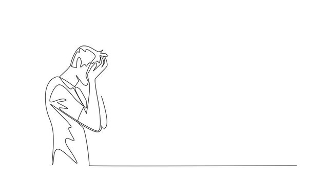 Self drawing animation of single one line drawing man cover face with palm with around head tangled thread. Tangled mind. Mentally tired. Fatigue. National Anxiety Screening Day. Full length animated