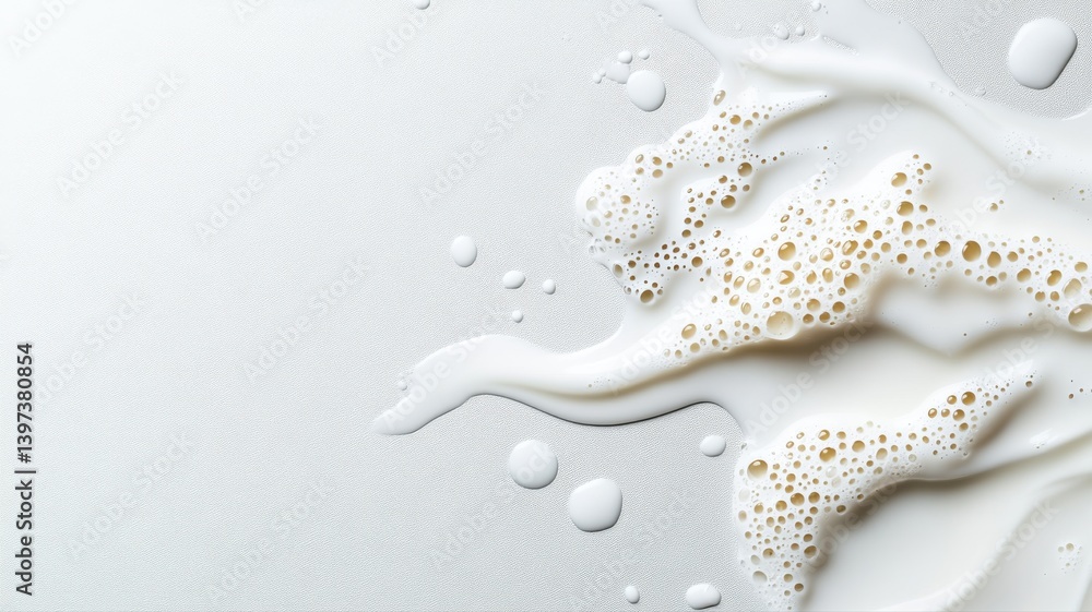 Poster abstract splash of milk foam with bubbles on a light background, capturing texture and fluidity.