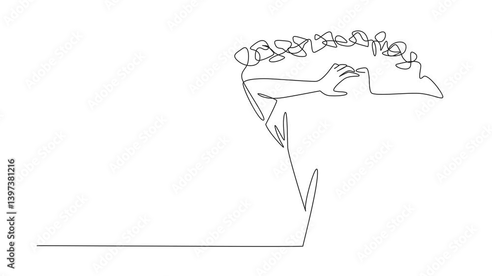 Poster self drawing animation of single continuous line drawing man holding head with both hands and a rope