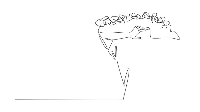 Self drawing animation of single continuous line drawing man holding head with both hands and a rope tangled around head. Mentally exhausted. National Anxiety Screening Day. Full length animated