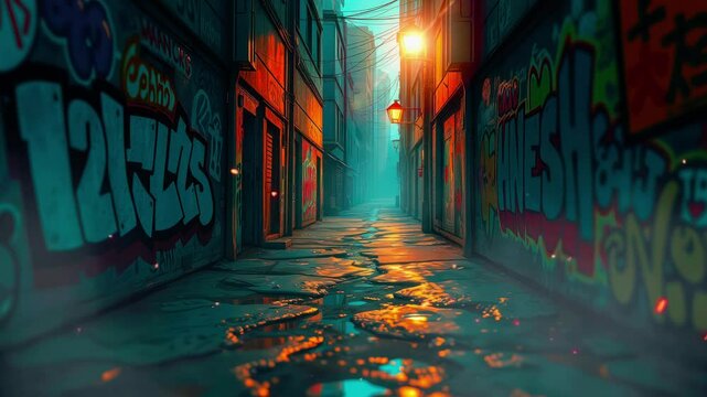 Vibrant urban alleyway with colorful graffiti, illuminated by street lamps, creating a moody atmosphere