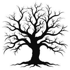 Black Tree Silhouette, Isolated Old Growth with Branches, Roots Nature Element
