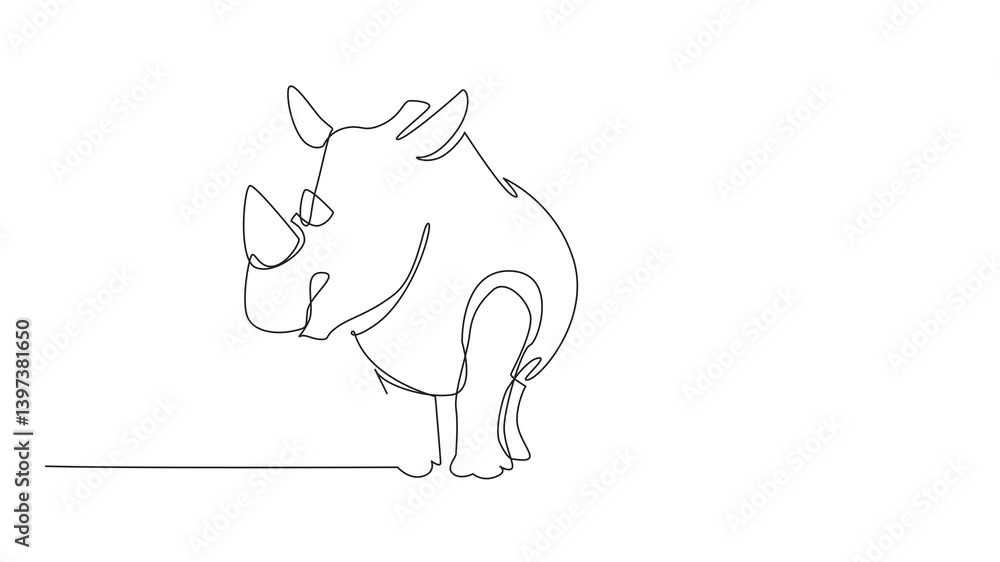 Poster animated self drawing of single one line drawing mother rhino and baby rhino standing side by side a