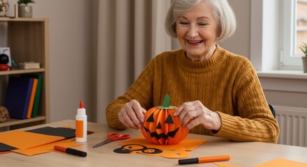 Senior woman enjoying crafting, creating a Halloween pumpkin with paper materials, surrounded by crafting supplies and a cozy indoor setting