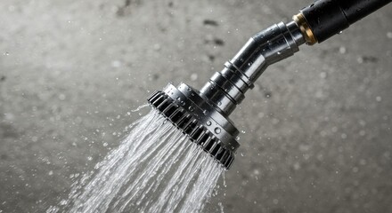 Close-up of a water spray nozzle releasing a strong jet of water, showcasing intricate metallic details against a blurred background