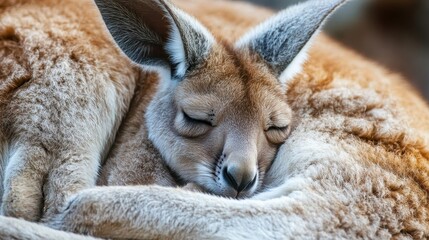 A peacefully sleeping kangaroo nestled inside its own fur coat