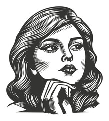Elegant Portrait of a Thoughtful Woman with Wavy Hair in Black and White