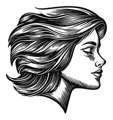 Elegant Profile of a Woman with Flowing Hair in Black and White