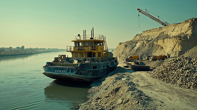 A worn work barge sits beside a riverbank sand quarry under a clear sky hinting at industry and transport.
