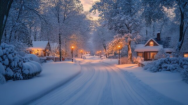 Serene winter landscape featuring snow-covered houses and illuminated streetlights