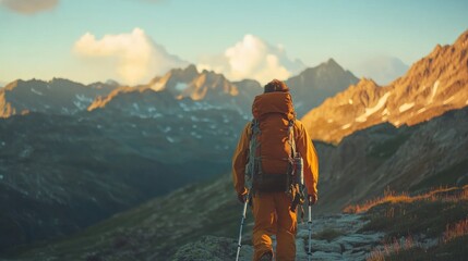 Hiker in mountains at sunset