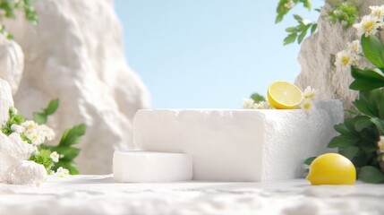 White stone podium with lemon and flowers. Natural beauty display