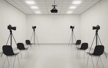 Studio Recording Setup: Minimalist Chairs and Cameras