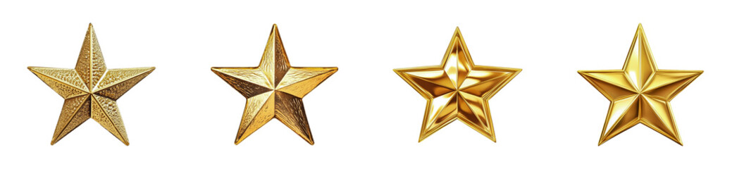 Obraz premium Four gold stars with different textures and designs in a row, cut out - stock png