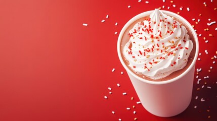 Warm Hot Chocolate Delight with Whipped Cream and Sprinkles in a Cup on a Red Background