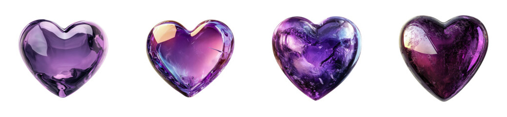 Four purple glass hearts with varied textures and shading showcase, cut out - stock png