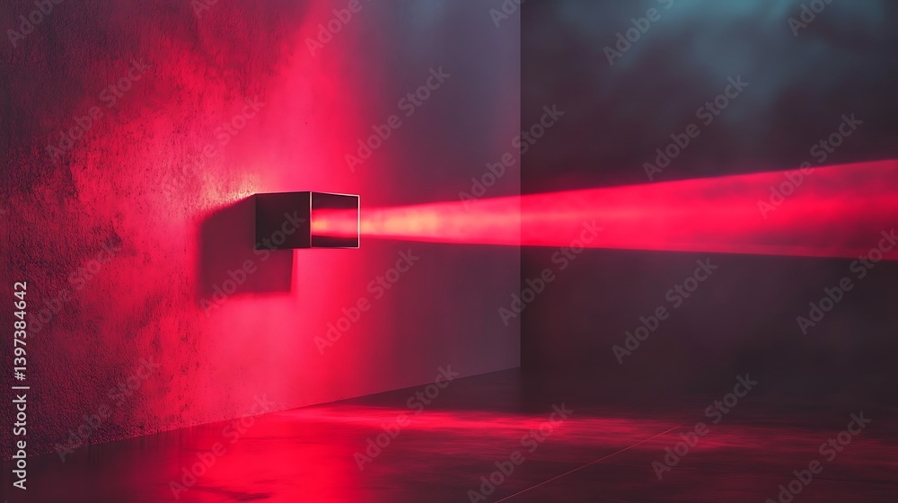 Poster red laser beam from projector lights up simple wall in stylish modern room demonstrating advanced te