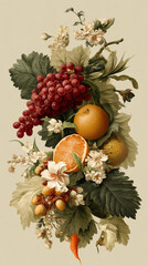 Still life painting of grapes, oranges, flowers and carrot, showcasing a rich autumnal palette, symbolizing abundance and harvest