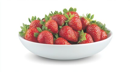 A white bowl filled with ripe red strawberries and green leaves on a white background studio shot