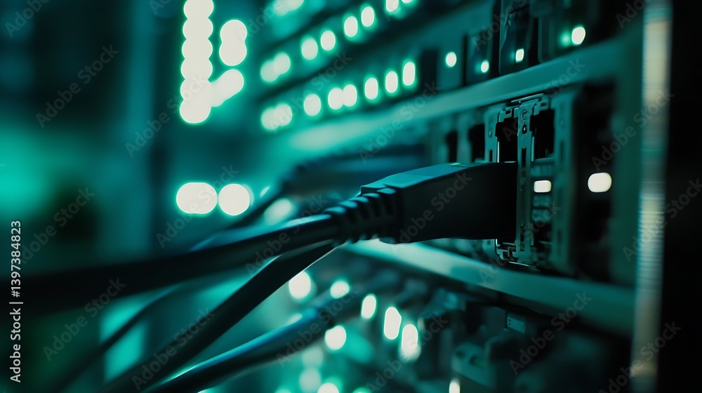 Poster close-up view of network cables connected to illuminated server racks showcasing vibrant blue and gr