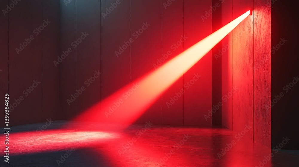 Poster red laser beam from projector lights up simple wall in stylish modern room demonstrating advanced te