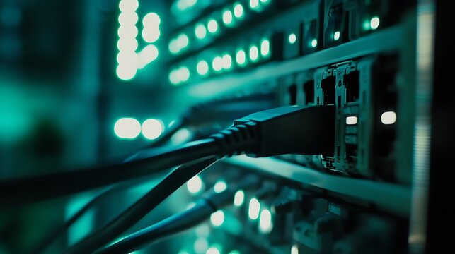Close-up view of network cables connected to illuminated server racks showcasing vibrant blue and green LED lights indicating active data transfer in a modern data center