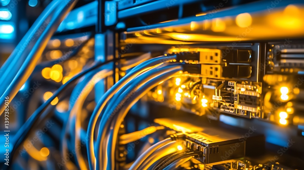 Poster close-up of data center servers showcasing illuminated cables and circuit boards, creating a vibrant