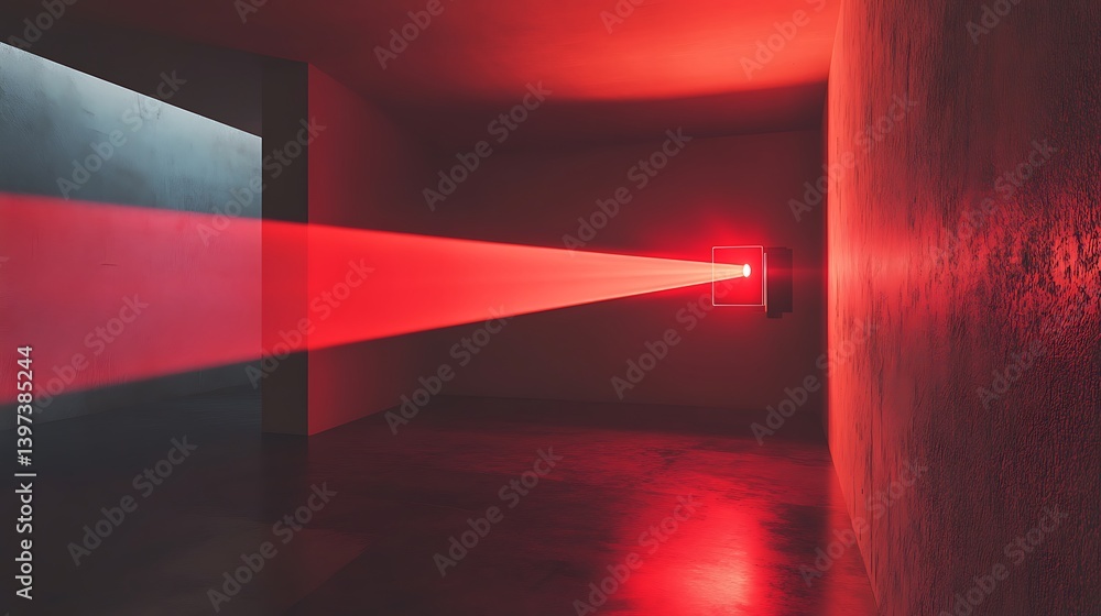 Poster red laser beam from projector lights up simple wall in stylish modern room demonstrating advanced te