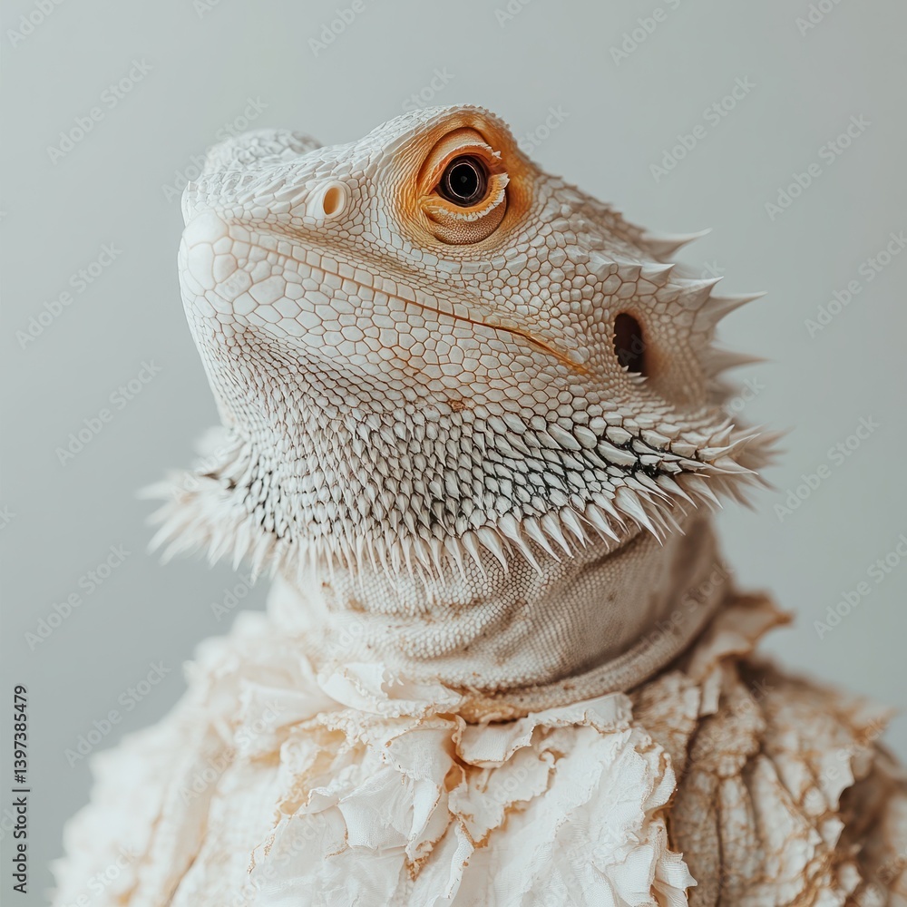 Poster Close-Up of a Bearded Dragon Reptile with Unique Texture and Coloration on Grey Background