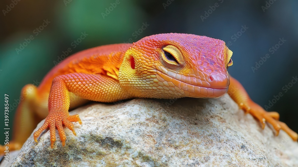 Poster a colorful reptile resting on a textured stone surface
