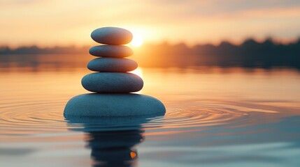 Tranquil Stacked Stones on Water Surface at Sunset with Gentle Ripples Creating a Peaceful Atmosphere
