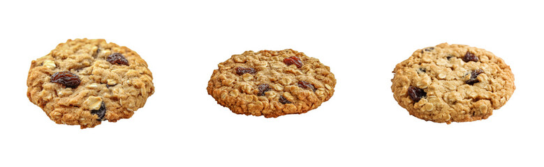 Three delicious oatmeal raisin cookies displayed in a row, cut out - stock png
