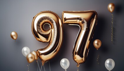 Number 97 with baloons on grey background. Generated image