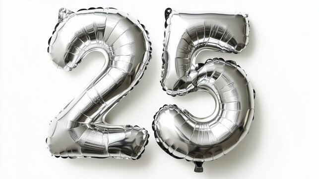 Silver foil balloon number twenty five. Top view. Colored number on white background.

