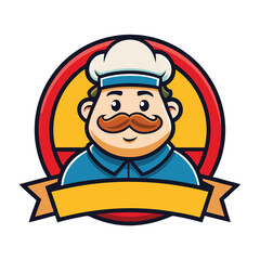 Cartoon Chef Mascot in Blue Uniform with Moustache Inside Circular Yellow