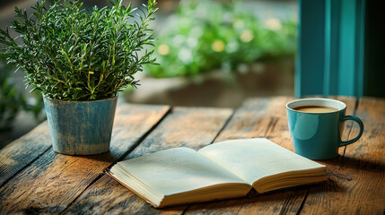 A tranquil scene depicts an open book beside a steaming cup of coffee and a small rosemary plant on a rustic wooden table outdoors.