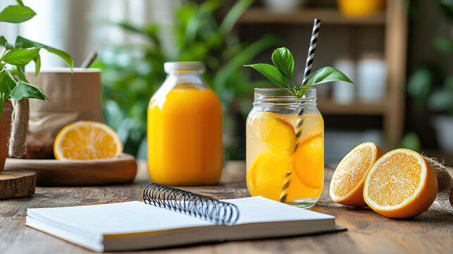 A refreshing glass of homemade orange juice sits on a rustic wooden table next to a notebook and bottle of fresh squeezed juice with oranges and plants in the background.