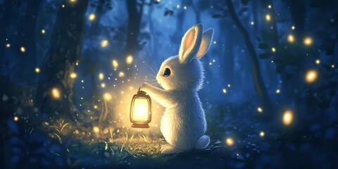 Adorable bunny holding a lantern in a glowing forest

