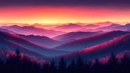 Fototapeta premium Vibrant sunset over layered mountains and autumn forest.