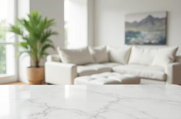 A white marble tabletop with empty space for display product with a blurred background of a modern white living room
