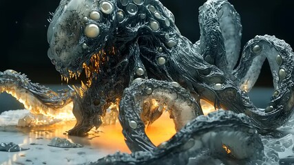 A monstrous octopus-like creature with glowing features emerges from a dark, icy environment