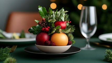 Close-up of Tu Bishvat tree ornament decoration with fruits and greenery on a festive dining table setting