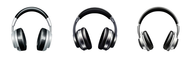 Three high-quality over-ear headphones displayed in symmetrical arrangement, cut out - stock png