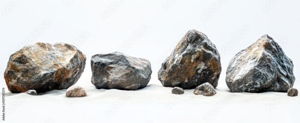 Poster a group of varied natural stones displayed on white background with soft shadows and unique textures