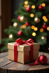 Elegant gift box on rustic table, blurred Christmas tree & golden bokeh , lights, gift