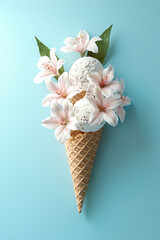 Ice cream cone with flowers on pastel blue background 